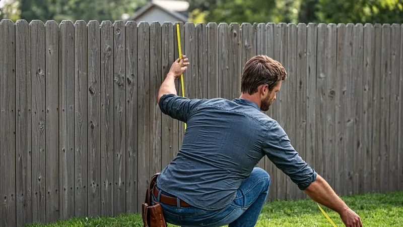 Homeowner measuring the height of a wooden picket fence with a tape measure