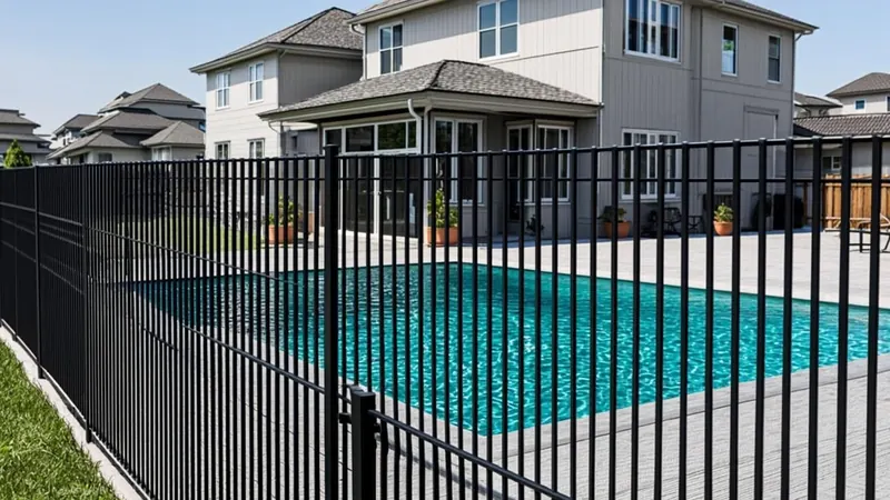 Backyard pool surrounded by black aluminum safety fence with self-closing gate