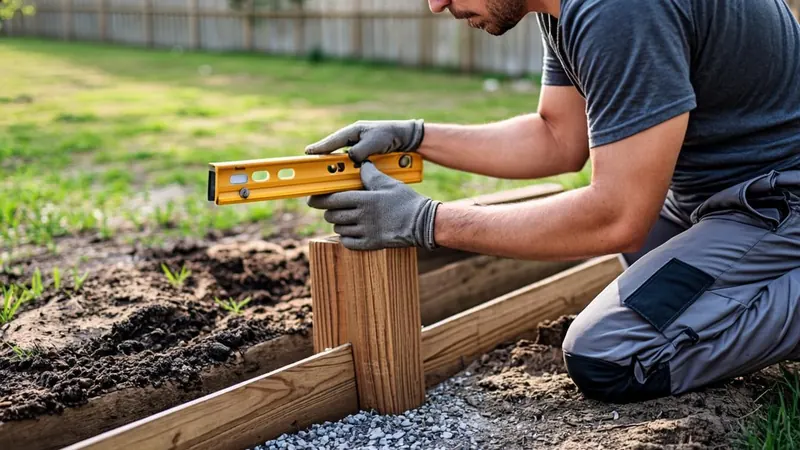 Contractor setting a wooden fence post with concrete and checking with a spirit level