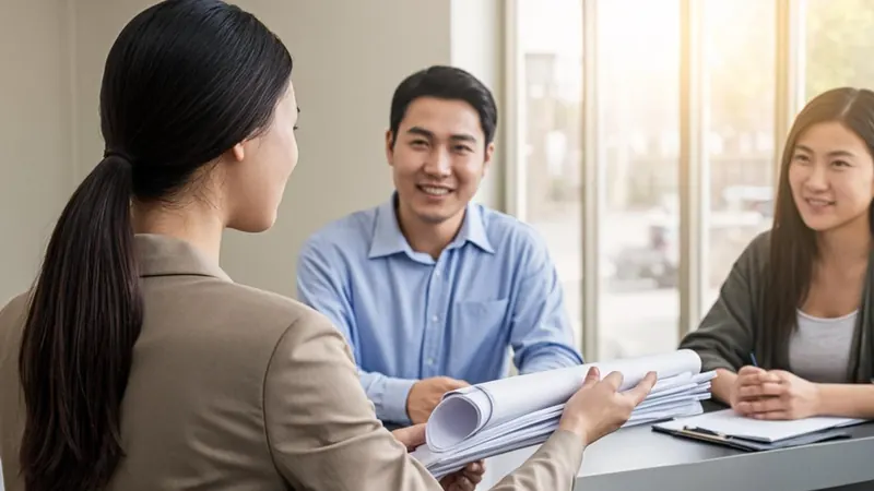 Homeowner submitting building plans at a city building department counter