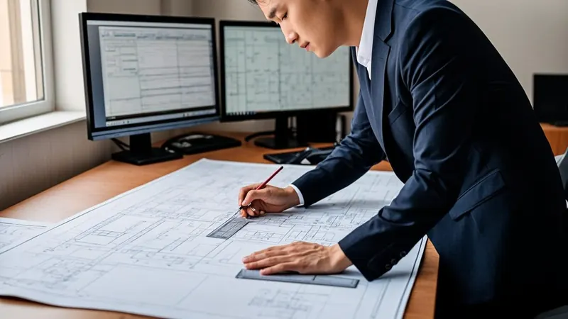 Plans examiner reviewing residential construction drawings with a scale ruler